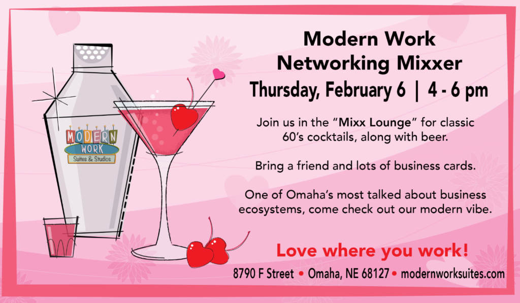 Flyer for the Modern Work Networking Mixxer event, featuring a cocktail shaker and a martini glass with heart-shaped cherries. Event details are included.