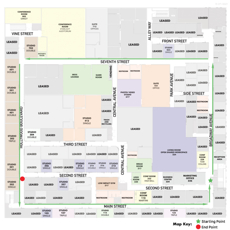 Modern Work Suites office space floor map on the path to walk from start to finish.