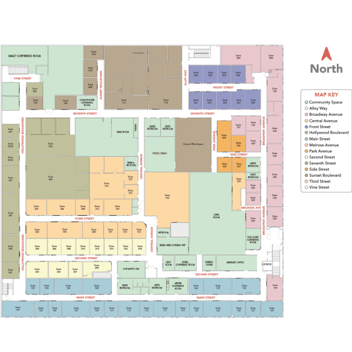 Floor plan of Modern Works office space showing labeled rooms, suites, and community areas on various streets such as Broadway Avenue, Front Street, and Melrose Avenue. Map key on the right indicates community spaces and street names.