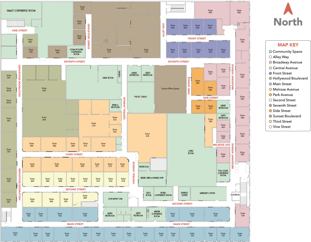 Floor plan of Modern Works office space showing labeled rooms, suites, and community areas on various streets such as Broadway Avenue, Front Street, and Melrose Avenue. Map key on the right indicates community spaces and street names.