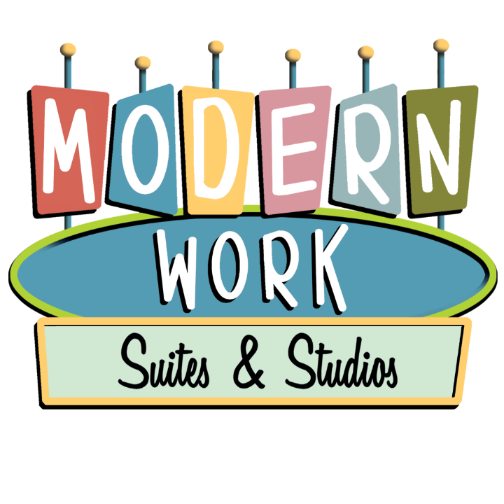 Modern Work Suites & Studios logo with colorful retro-style letters and an oval design.