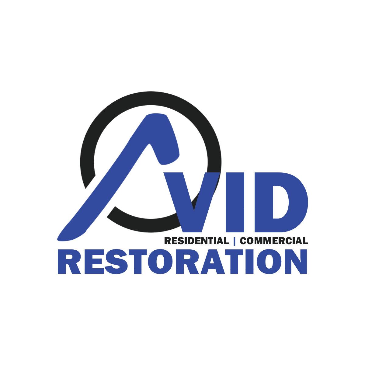 Logo of "AVID RESTORATION" with a central black circle intersected by a blue stylized letter "A" forming an upward arrow, accompanied by the words "RESIDENTIAL | COMMERCIAL" below in smaller black font.