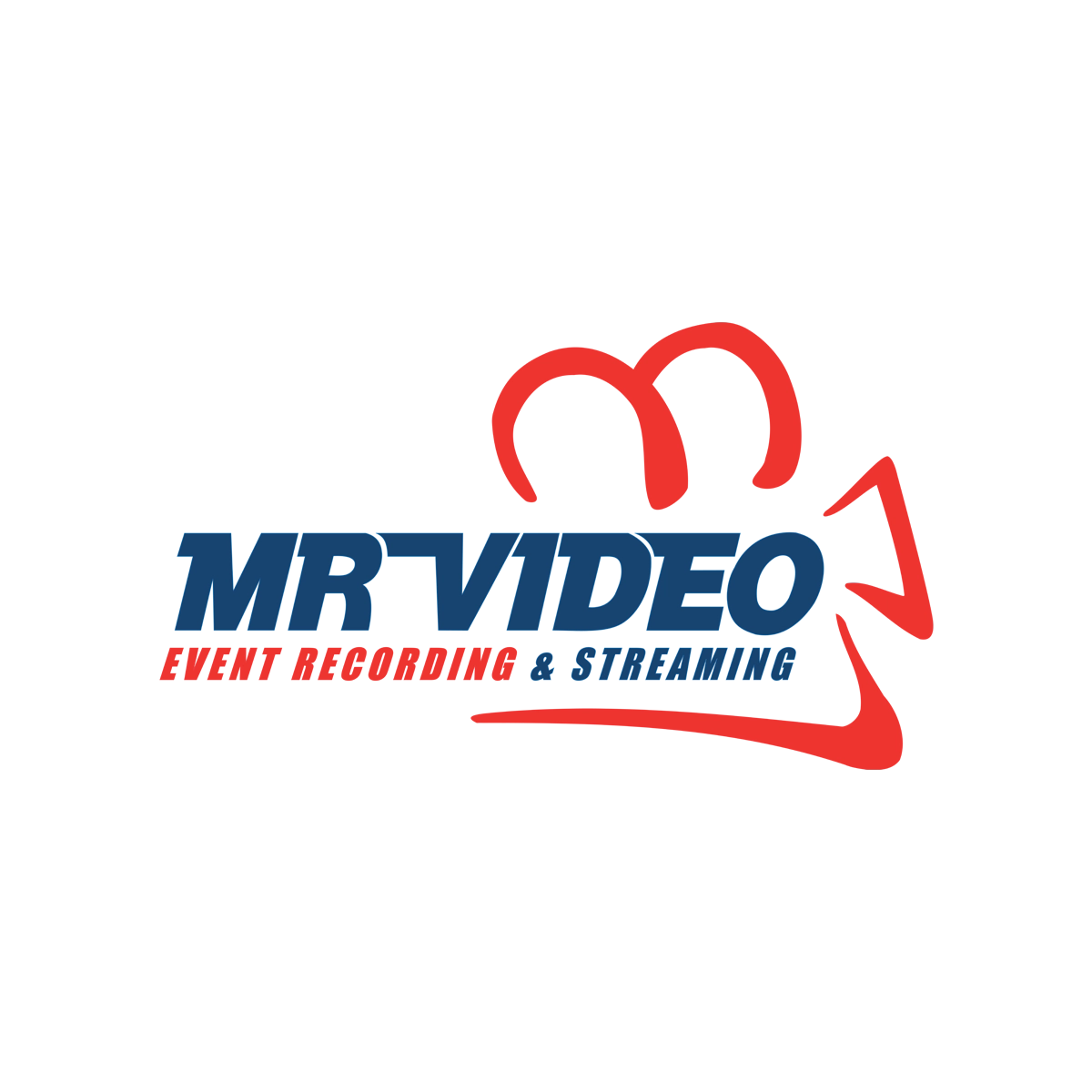 Logo for "MR VIDEO," featuring bold navy blue text with a red stylized 'M' and play button icon above it, and a red tagline "EVENT RECORDING & STREAMING" below.