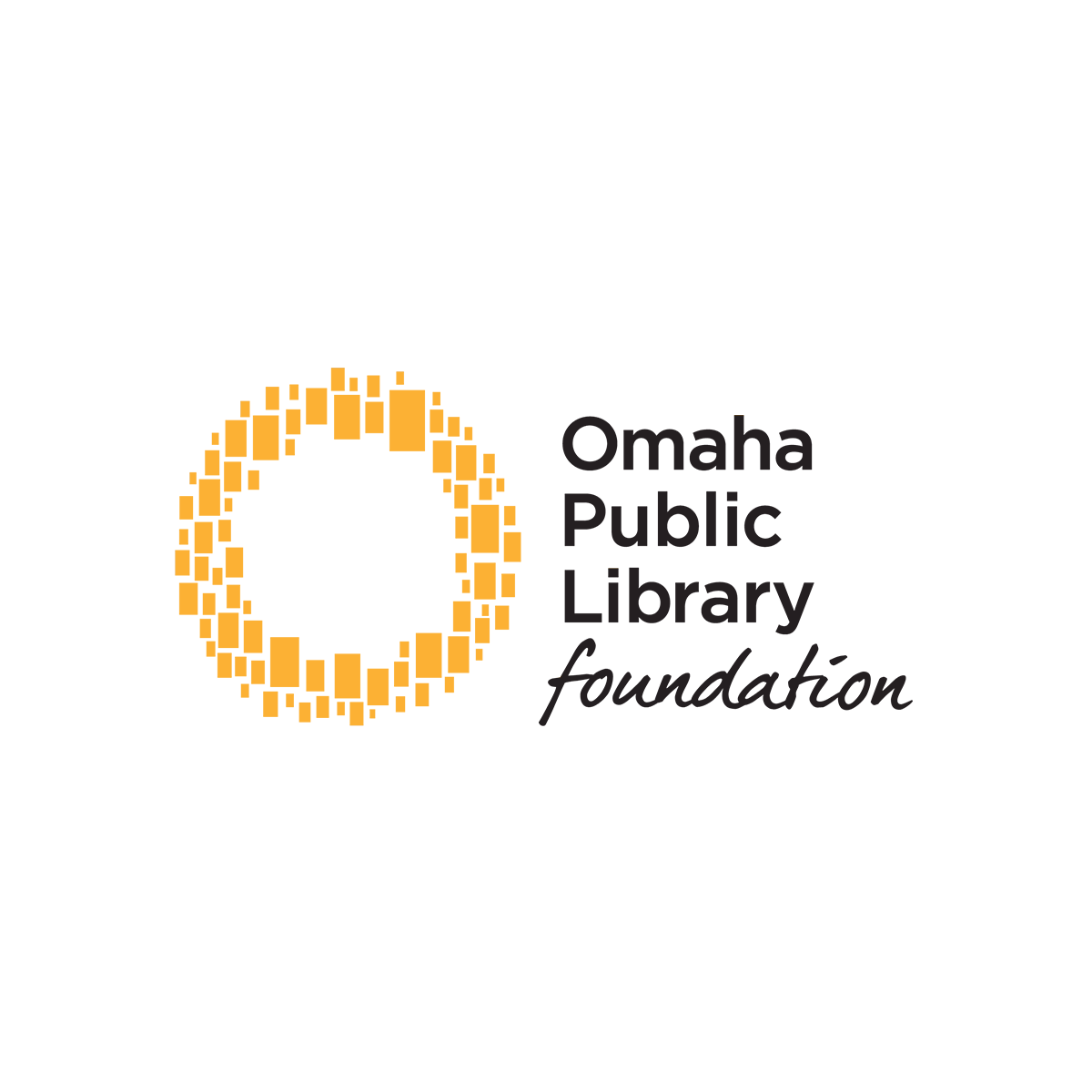 Logo featuring a pixelated circular symbol next to the text "Omaha Public Library foundation" in serif and script fonts.