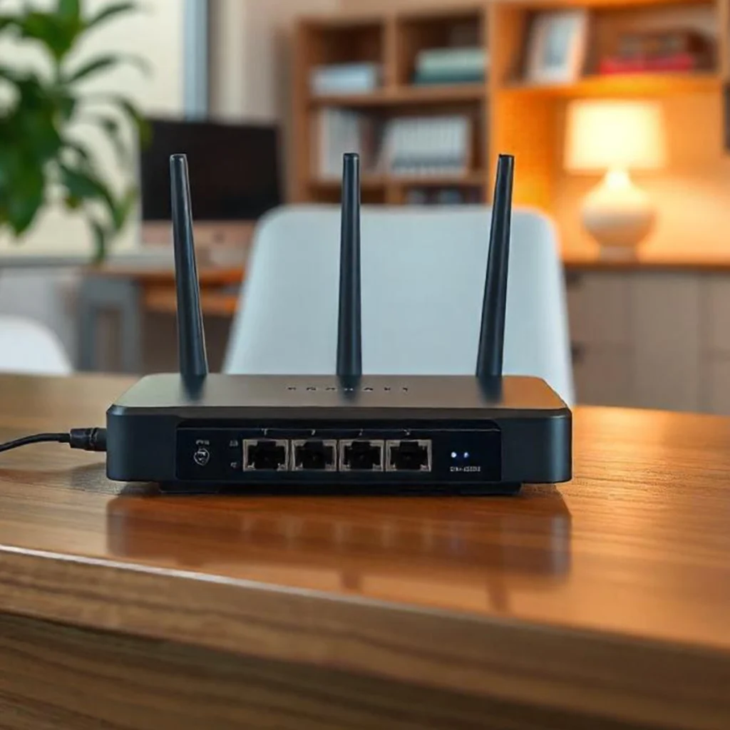 A black wireless router with three antennas and glowing blue LEDs on a wooden desk, with cords plugged in the back and a blurred home office setting in the background.