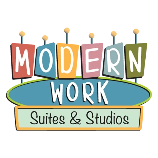 Modern Work Suites & Studios logo with colorful retro-style letters and an oval design.