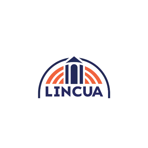 LINCUA logo: blue semicircular arch over an abstract blue building with orange curved rays and the word LINCUA beneath.
