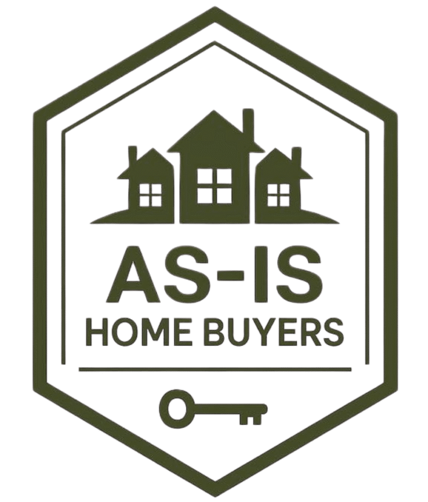 Logo badge for AS-IS Home Buyers featuring three houses and a key at the bottom,