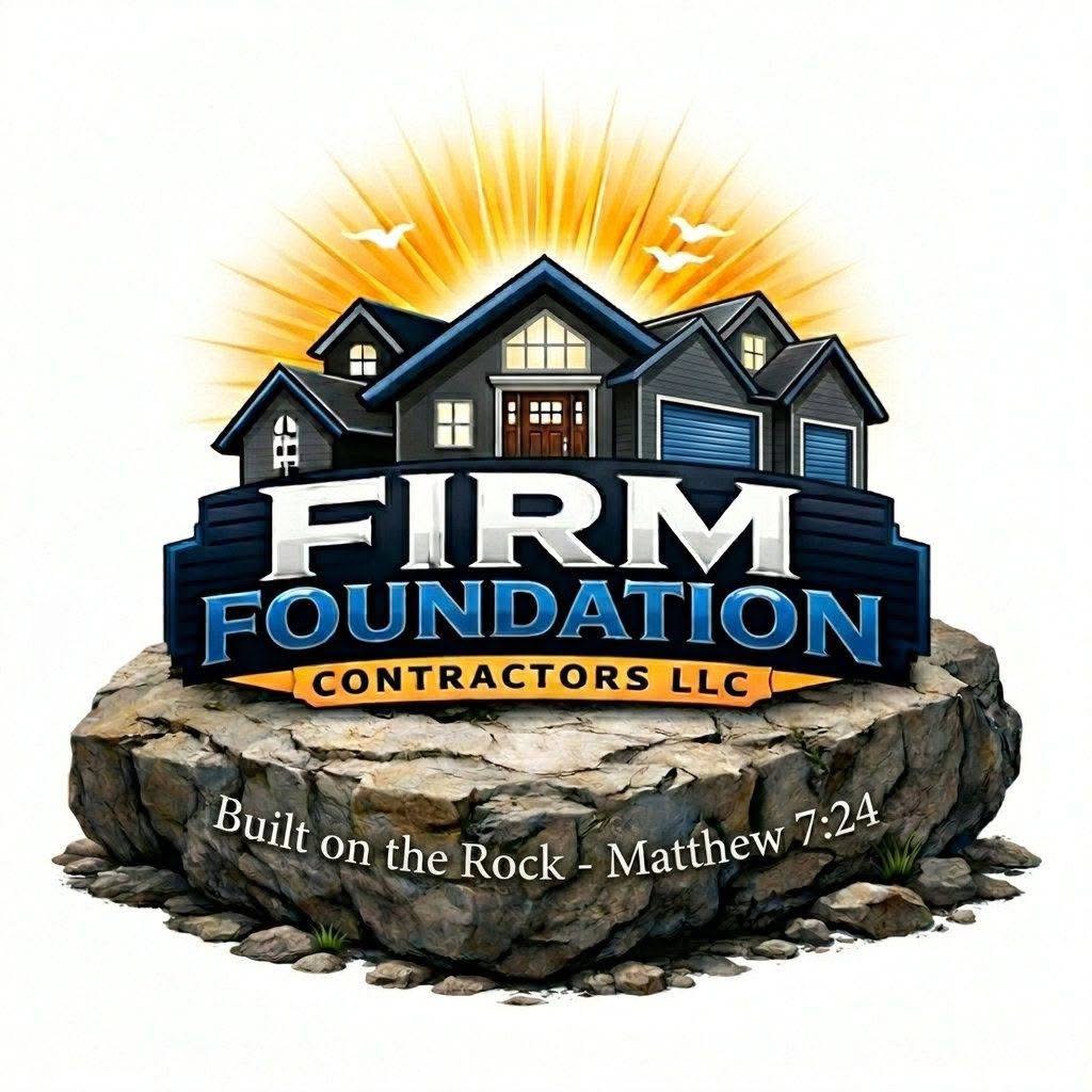 Logo for Firm Foundation Contractors LLC with houses atop a rocky pedestal and sunburst, 'Built on the Rock—Matthew 7:24' caption.
