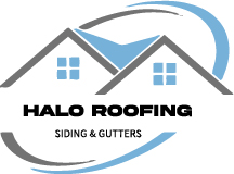 halo-roofing-logo - Modern Work Suites & Studios Halo Roofing logo featuring gray and blue house rooftops, two windows, blue swoosh accents, and the text 'HALO ROOFING' with 'SIDING & GUTTERS'