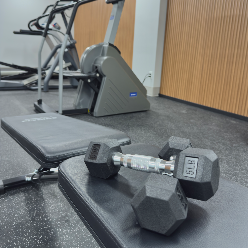 modern-work-low-impact-gym - Modern Work Suites & Studios Dumbbell and flat workout bench in foreground with treadmills and a cardio machine in a gym background