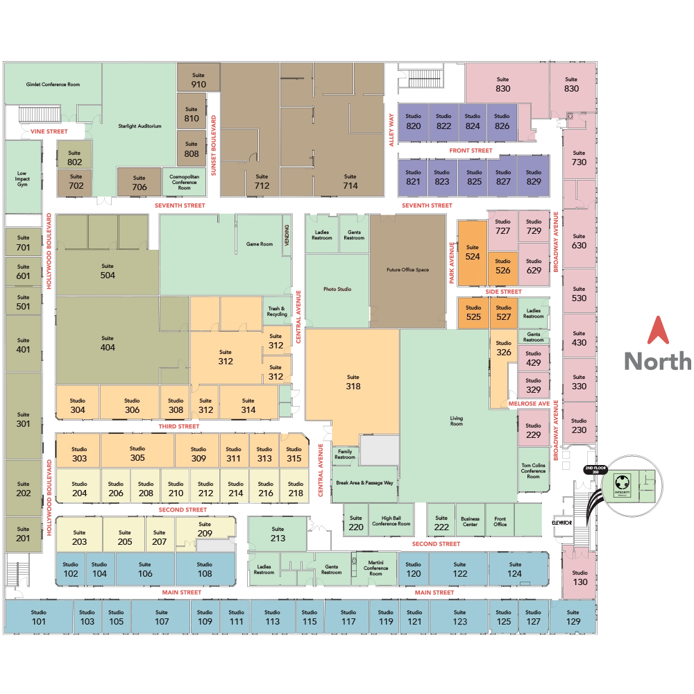Color-coded floor plan of a conference center showing numbered suites and studios around central corridors and rooms.